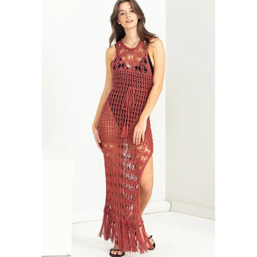Tasseled, Long Hollowed Out Swimsuit Coverup In Rusty Red